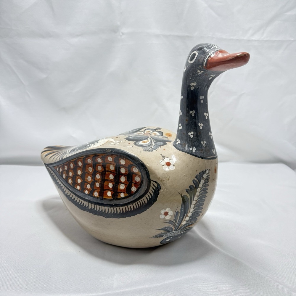 Large VTG Tonala Mexican Ceramic Duck Deers‎ Figurine Hand Painted Signed